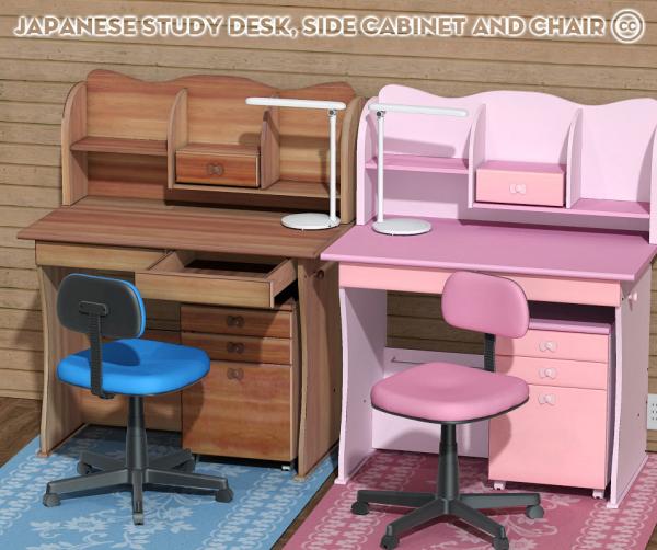 Japanese study desk, side cabinet and chair (Poser