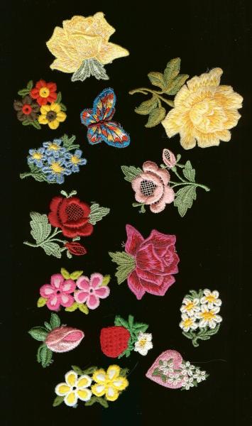 embroidered applique trim, floral, flowers,