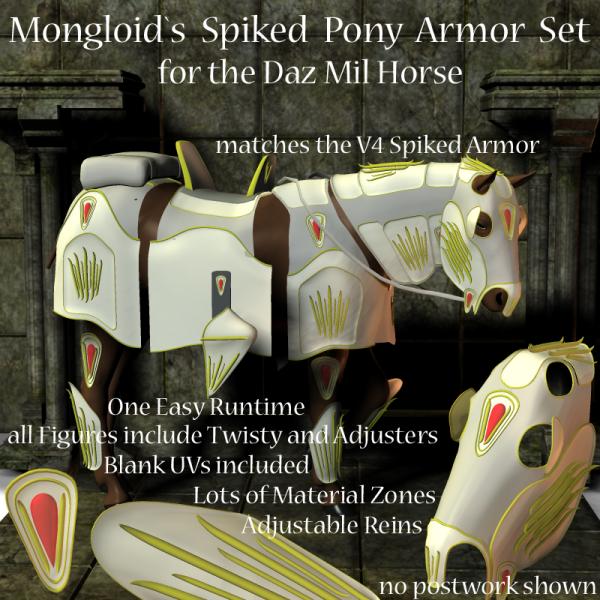 Mongloid`s Spiked Pony Armor set for Daz Mil Horse