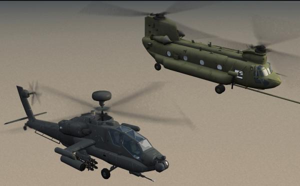 CH-47 and AH-64D in desert mission